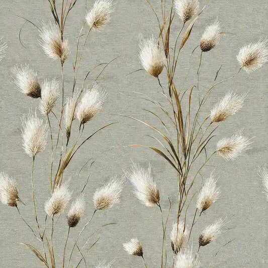 Closeup of soft meadow grass wallpaper featuring delicate feathery plumes on a sage backdrop