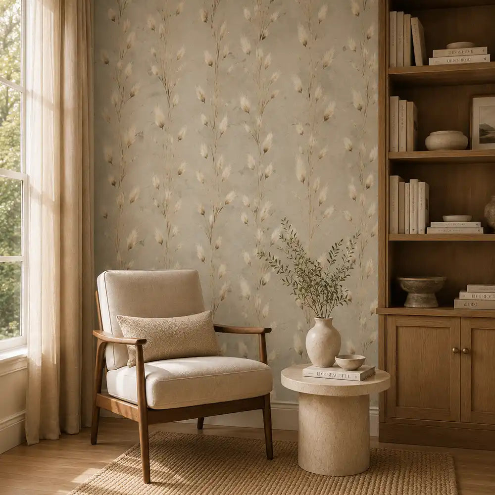 Quiet armchair nook framed by soft meadow grass wallpaper for relaxing reading