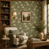 Soft sage meadow cosmos wallpaper chosen for a restful bedroom wall.