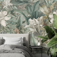Elegant jungle peel-and-stick wallpaper full bedroom installation, calm tropical setting