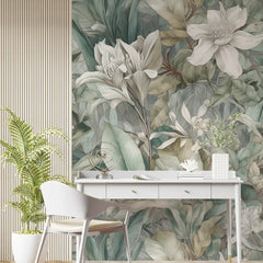 Calming tropical peel-and-stick wallpaper canvas edge detail, easy installation close-up