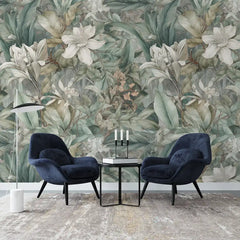 Soft tropical botanical wallpaper in living room, serene sage and ivory jungle accent wall