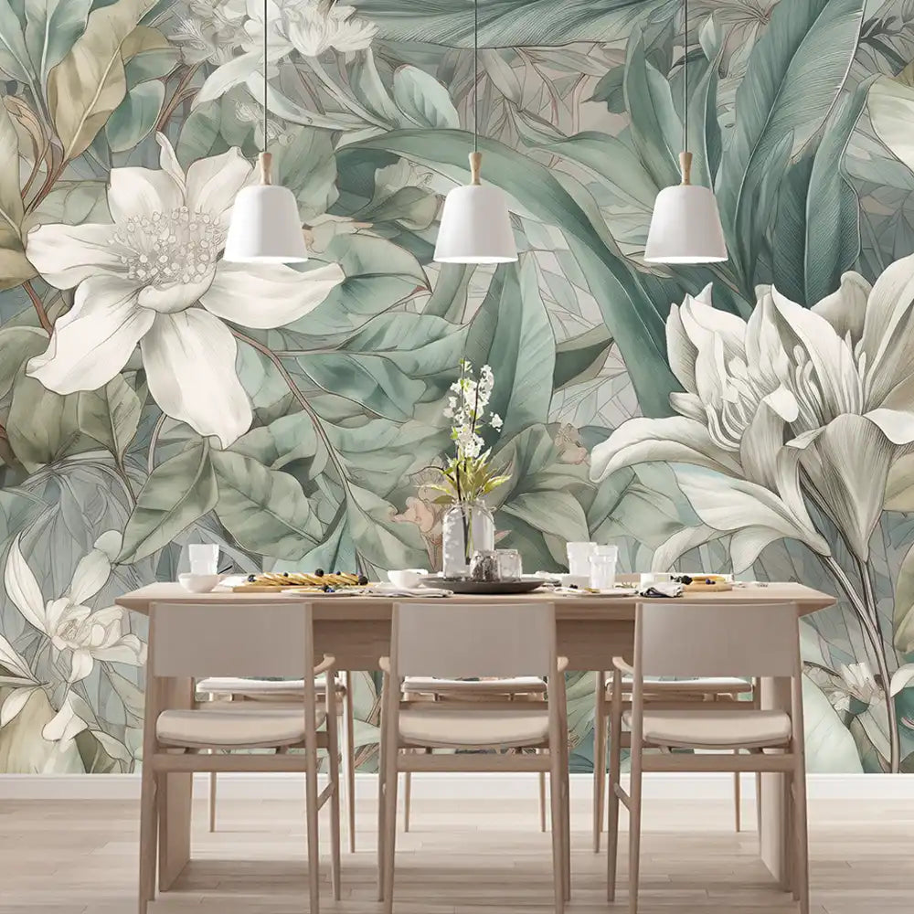 Soft tropical wallpaper close-up with muted sage monstera and palm leaf overlay