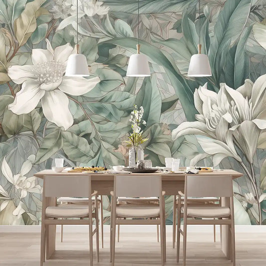 Soft tropical wallpaper close-up with muted sage monstera and palm leaf overlay
