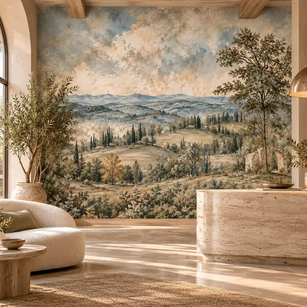 Spa-style lounge with curved chaise and a soft Tuscan hills fresco wall mural