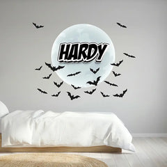Custom Name Bat Moon Wall Sticker – Halloween Kids Room Personalized Decal