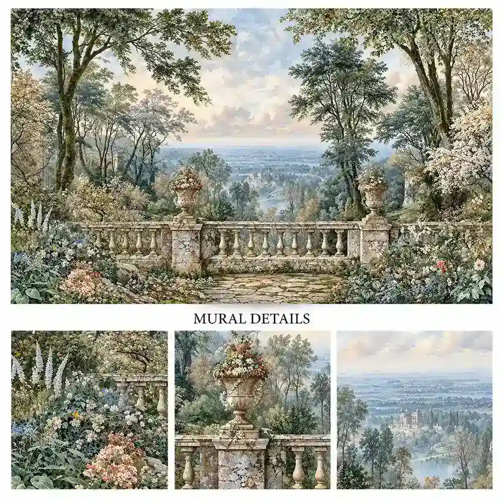 Mural details of stone urns, balustrade terrace and hazy sea view garden scene
