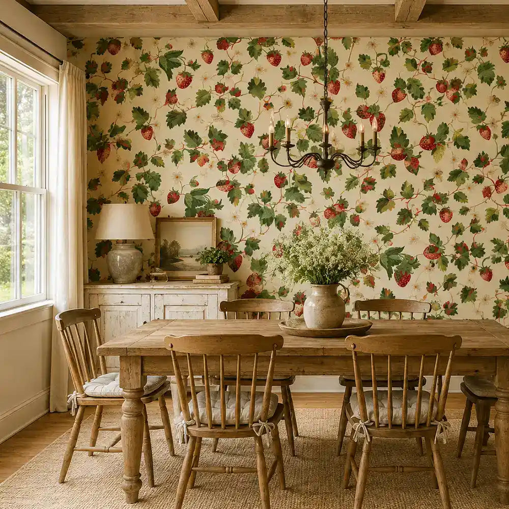 Strawberry blossom vine wallpaper lifestyle view in modern bedroom, berry red stems