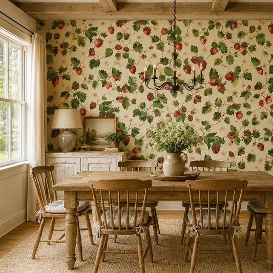 Strawberry blossom vine wallpaper lifestyle view in modern bedroom, berry red stems