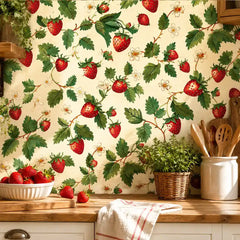 Strawberry blossom peel-and-stick wallpaper texture detail, canvas finish close-up