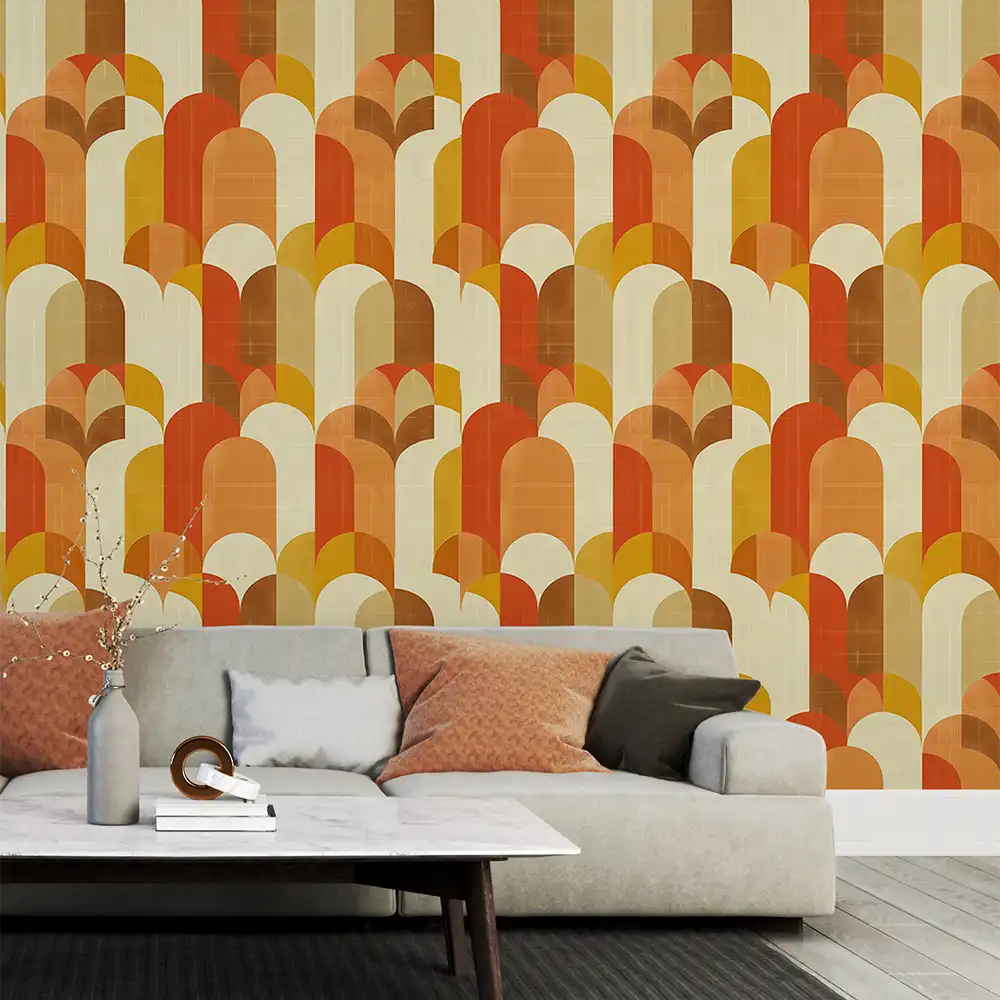 Stylish Retro Orange and Mustard Geometric Wall Mural for living rooms.