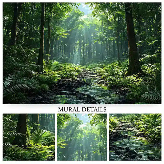 Mural details of sun rays through green forest canopy and a mossy woodland path
