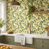 Lemon grove peel-and-stick wallpaper in dining room, sunny botanical accent wall