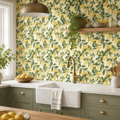 Lemon grove peel-and-stick wallpaper in dining room, sunny botanical accent wall