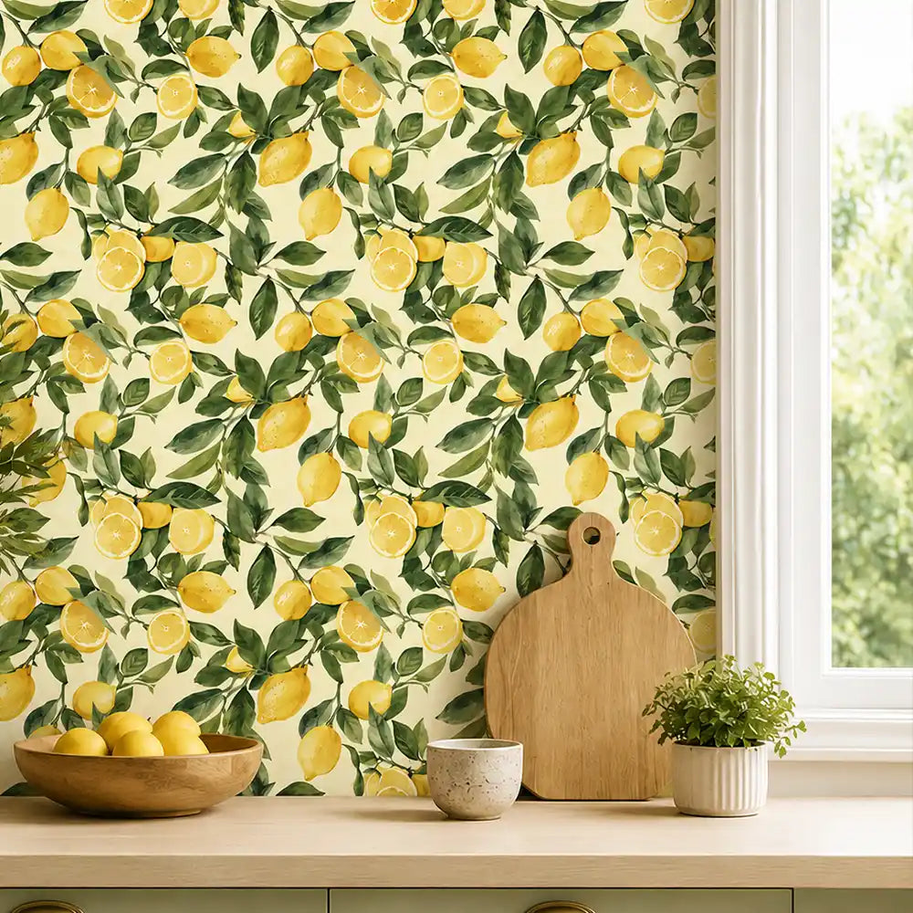 Bright citrus wallpaper full kitchen wall installation, cheerful Mediterranean vibe