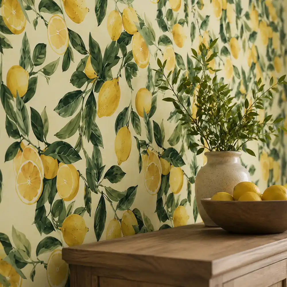 Citrus botanical wallpaper full wall repeat showing lemon grove garden pattern scale