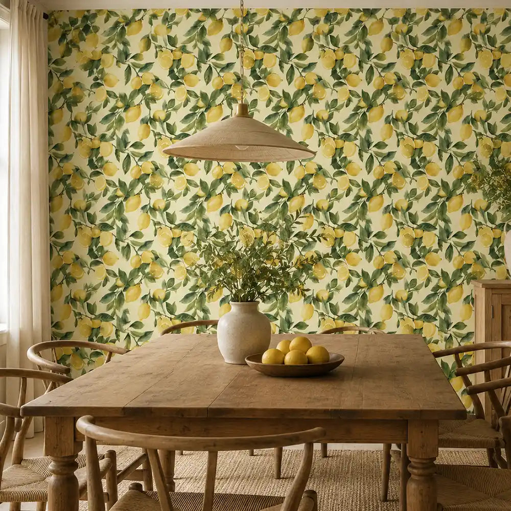 Lemon wallpaper styled with white cabinets in kitchen, fresh coastal interior look