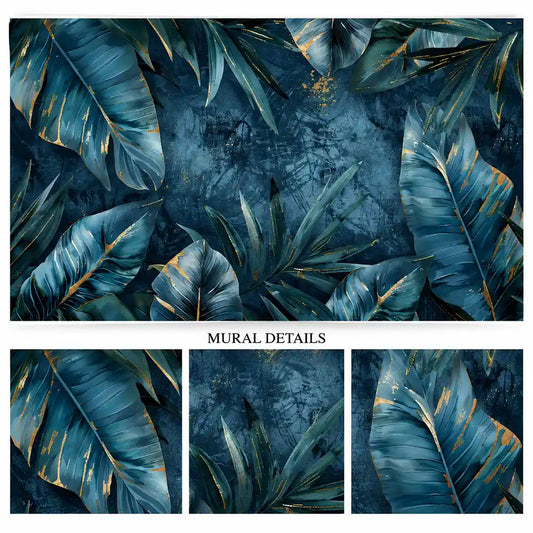 Midnight Tropical Luxe mural details with teal leaves, gold veins and textured blue background