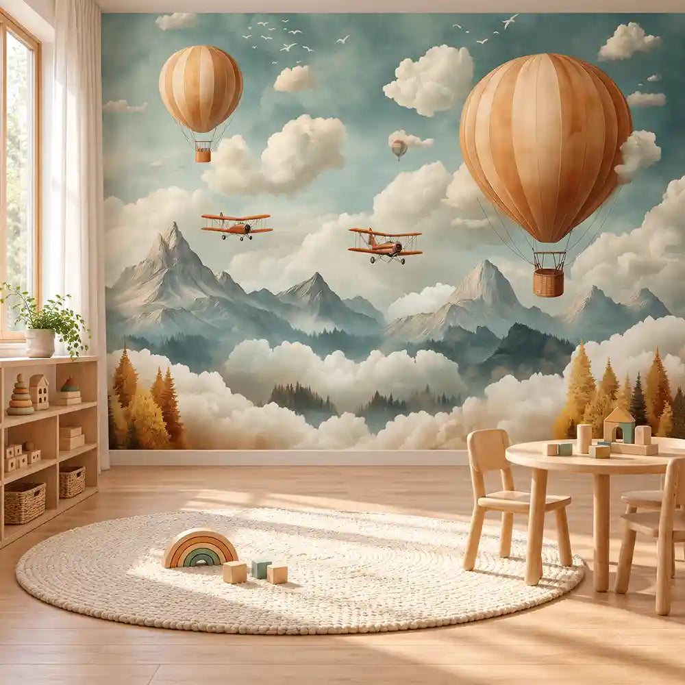 Toddler play corner with round rug and adventure-themed kids wall mural