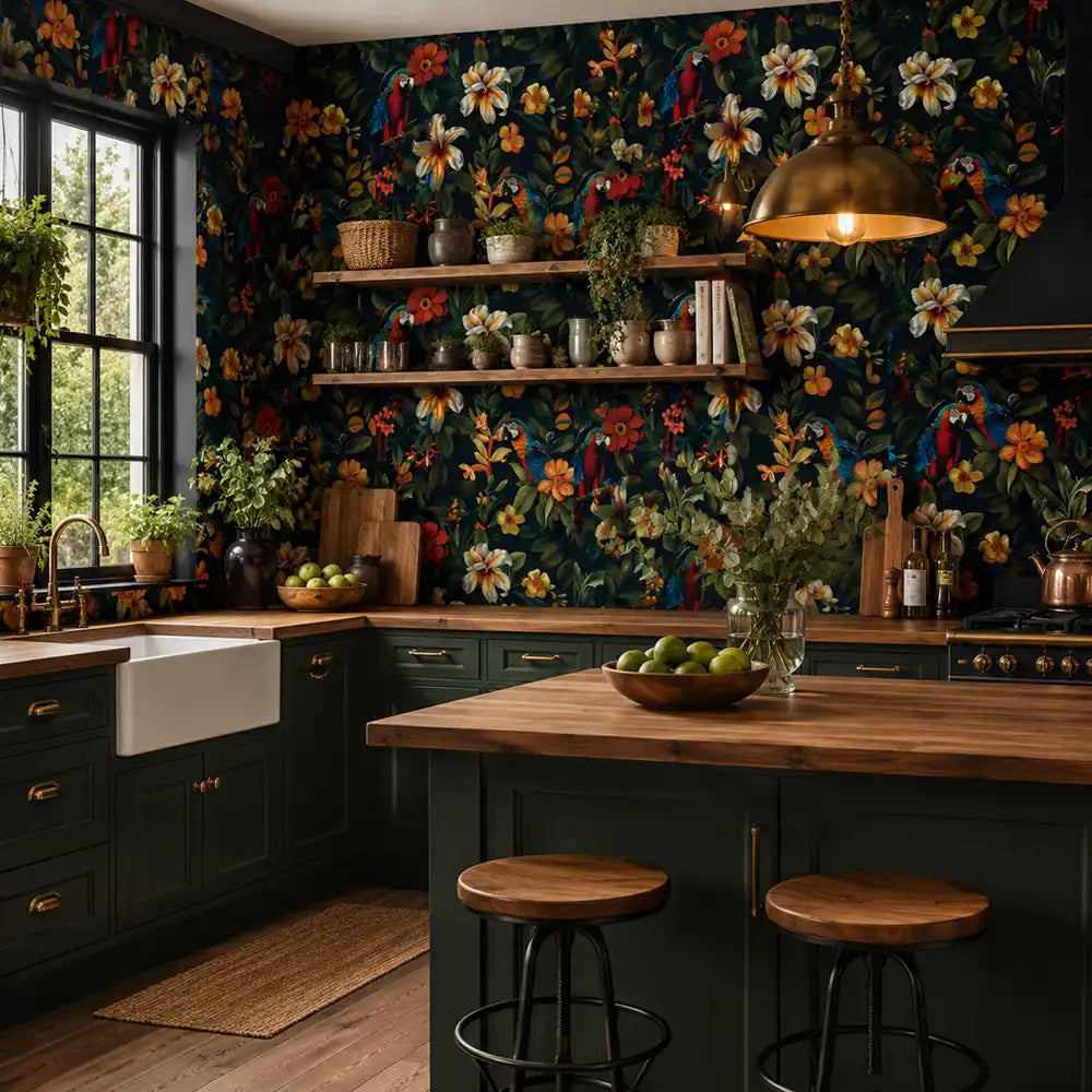 Tropical bird wallpaper in living room, colorful parrot and floral accent wall view