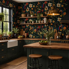 Tropical bird wallpaper in living room, colorful parrot and floral accent wall view