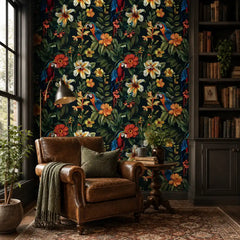 Tropical parrot wallpaper close-up with vibrant macaw in exotic botanical garden setting