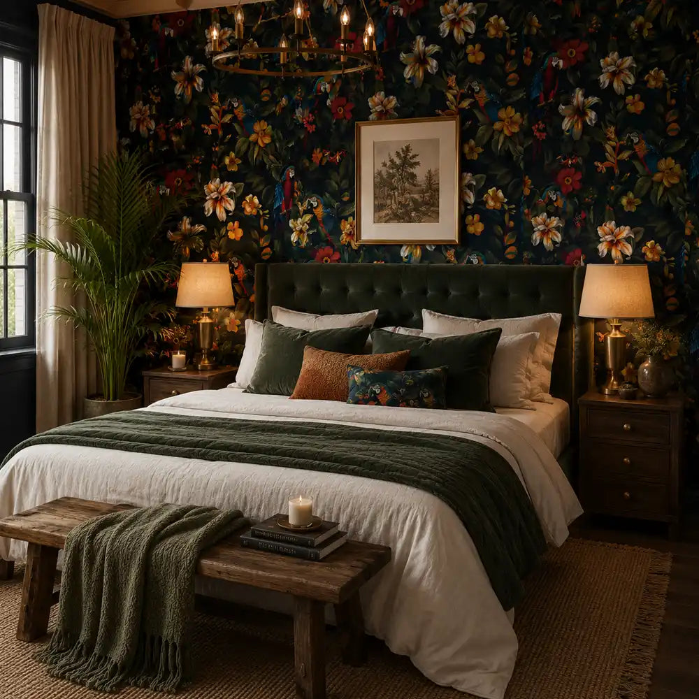 Exotic parrot removable wallpaper sample showing teal, orange and green color palette