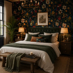 Exotic parrot removable wallpaper sample showing teal, orange and green color palette