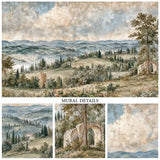 Mural details of Tuscan hills, cypress trees, ruins and soft painted clouds