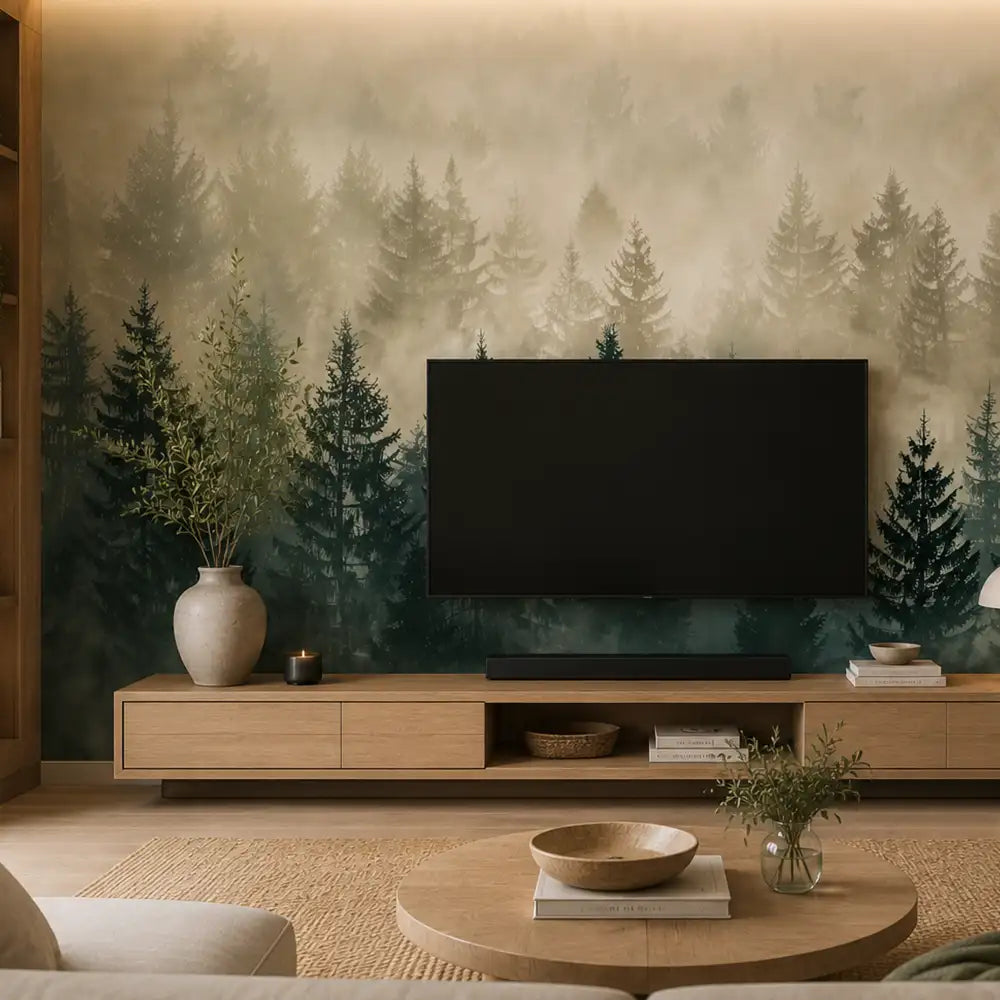Pine haven mural on a TV feature wall with oak media console and round table