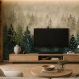 Pine haven mural on a TV feature wall with oak media console and round table