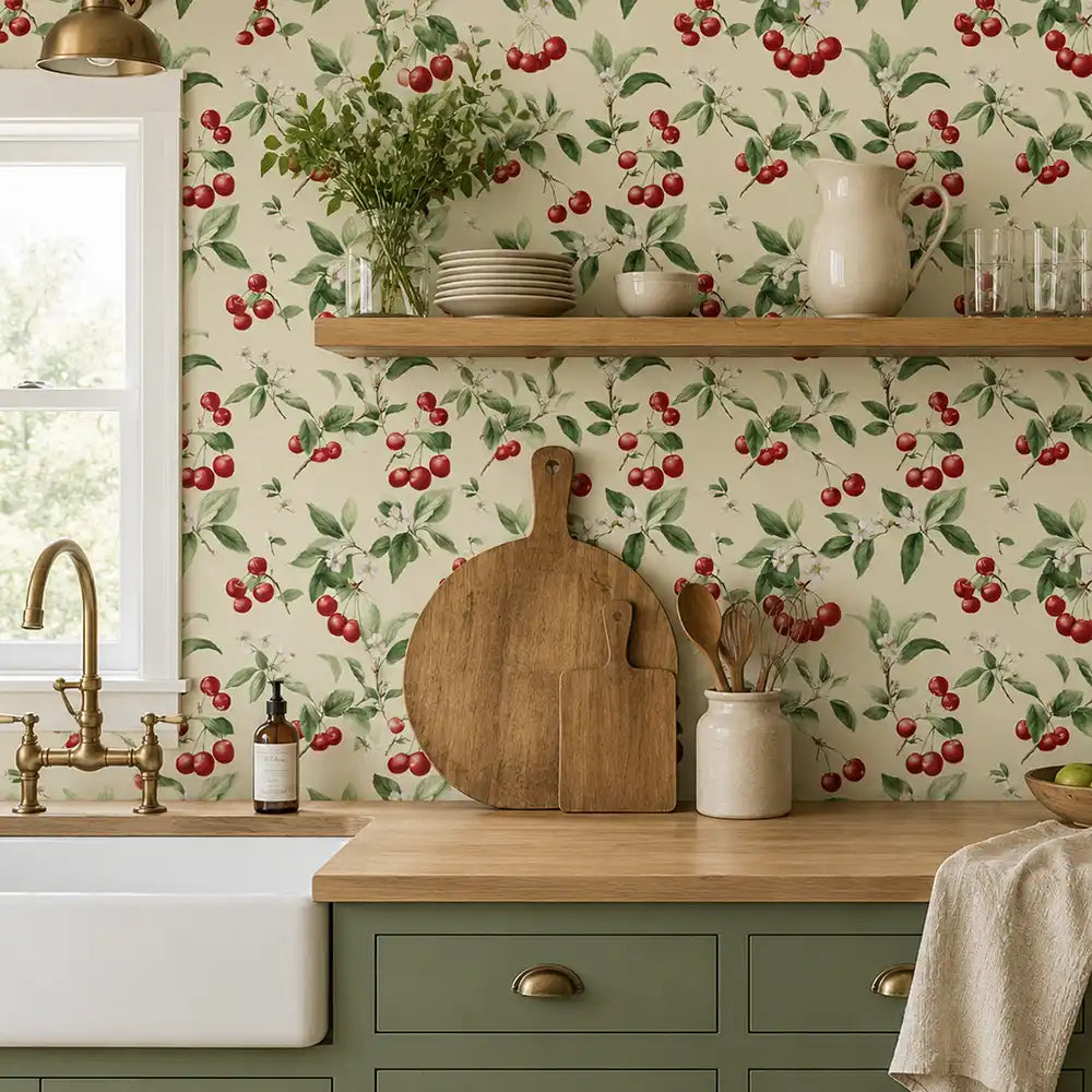 Muted pink and stone color palette of vintage cherry blossom wallpaper.