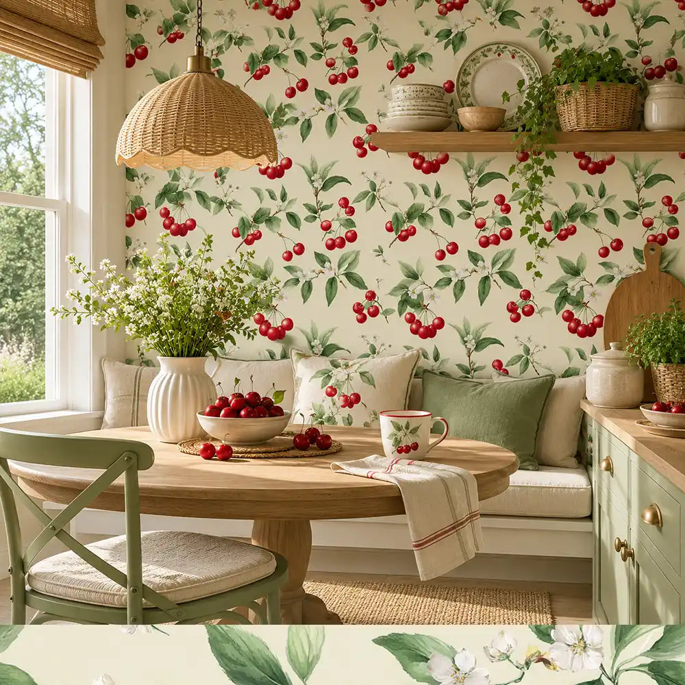 Full panel of vintage cherry blossom wallpaper across a wide feature wall.