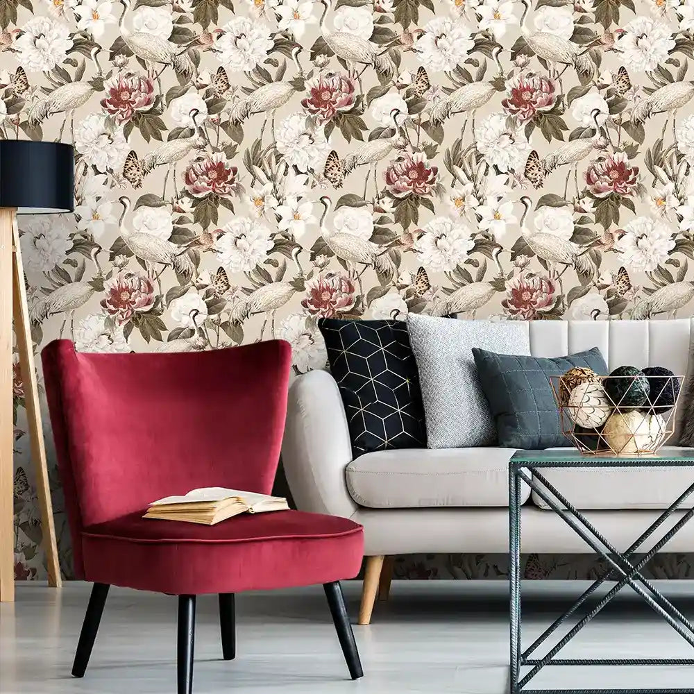 Vintage crane and peony botanical wallpaper adds refined elegance to interiors.