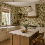Yellow and olive color tones of vintage lemon grove wallpaper for kitchens.