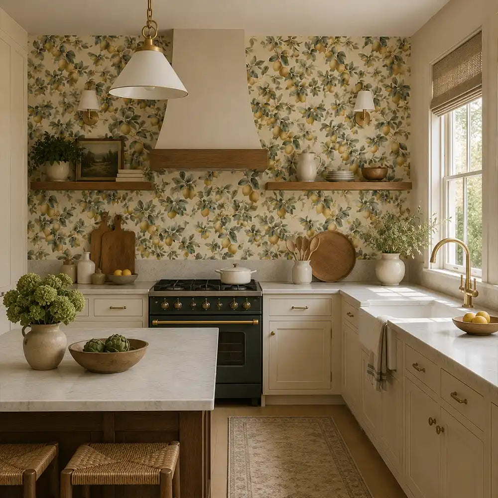 Full panel repeat of vintage lemon grove wallpaper on a tall kitchen wall.