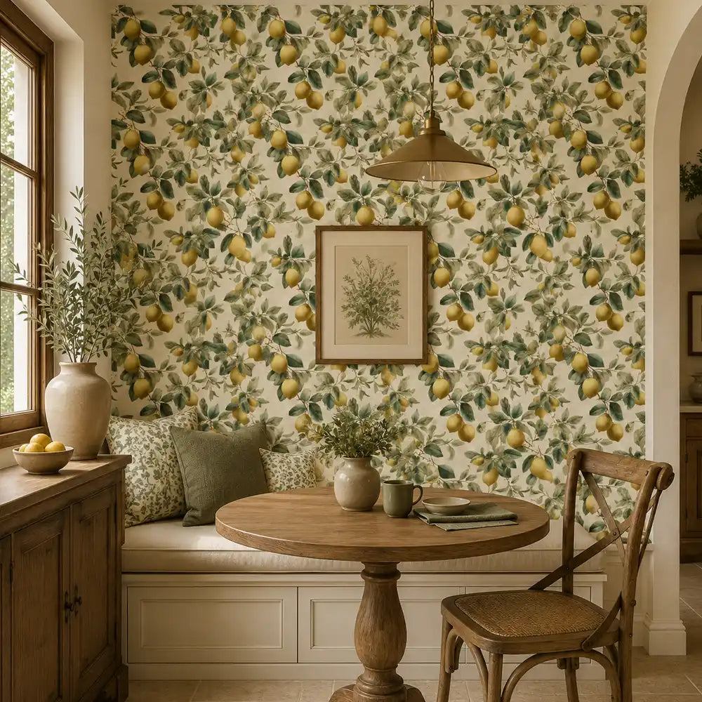 Pattern detail of vintage lemon grove wallpaper showing fruit and leaves.