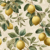 Vintage lemon grove wallpaper with citrus branches for kitchen wall decor.