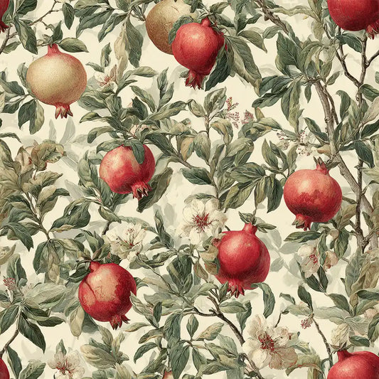 Vintage pomegranate garden wallpaper design with ruby fruit and olive foliage