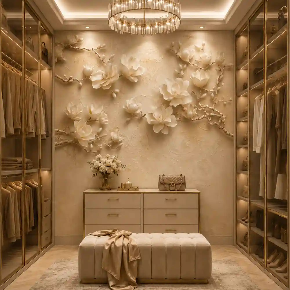 3D magnolia relief wallpaper in a luxury walk-in closet with backlit shelving