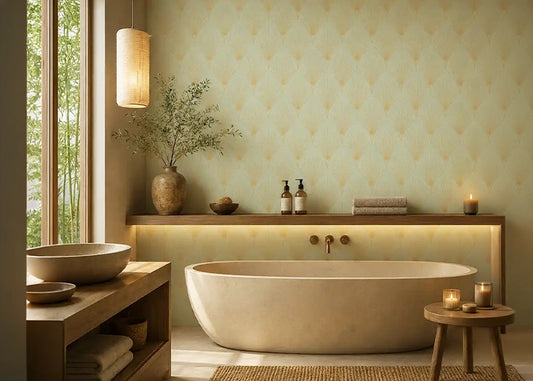 Soft sage and cream art deco fan pattern wallpaper in a serene spa bathroom