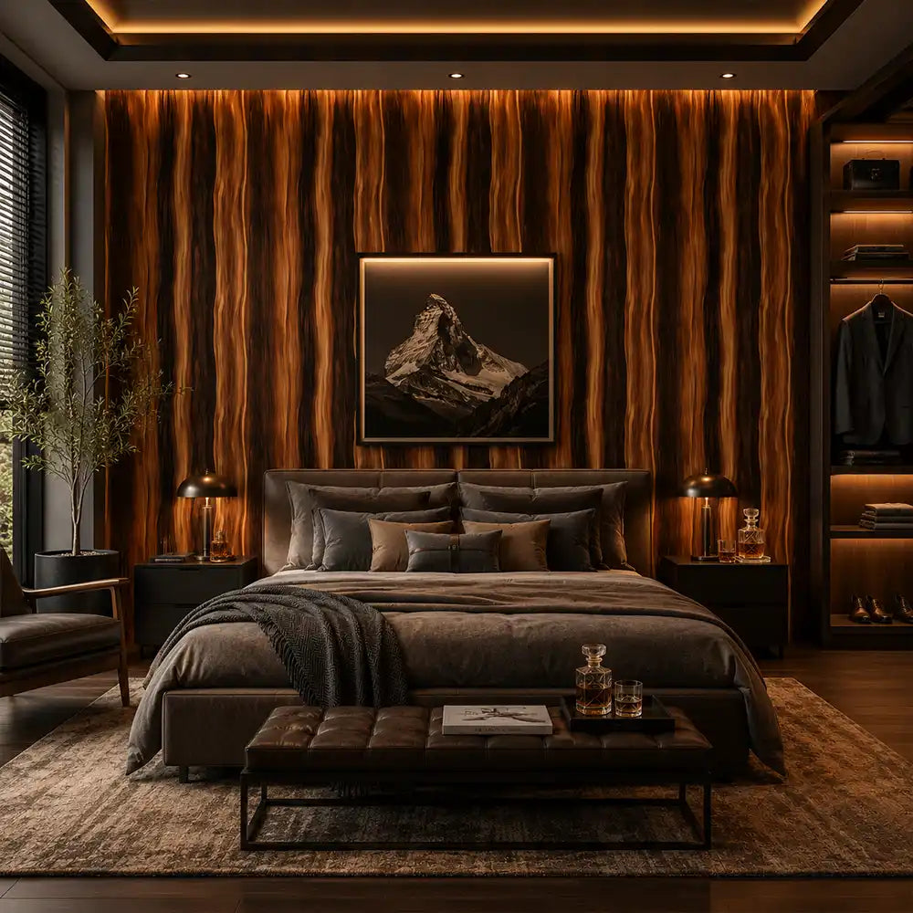 Full panel of walnut flow wood wallpaper across an interior feature wall.