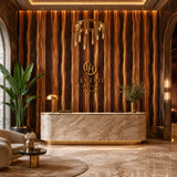 Grain detail of walnut flow wood wallpaper showing flowing timber lines.