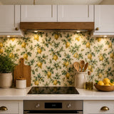 Warm vintage lemon grove wallpaper used on a kitchen feature wall.