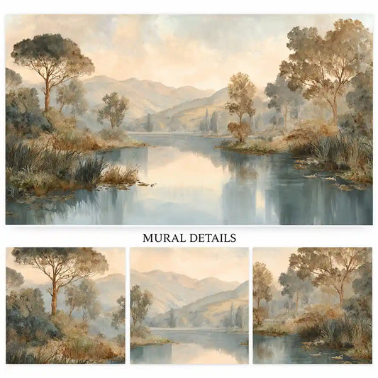 Lakeside panorama wall mural details with reflective water, soft hills and watercolor trees