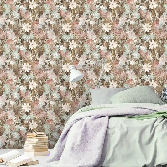 Whispering meadow vintage floral wallpaper creates a soft nostalgic feel.