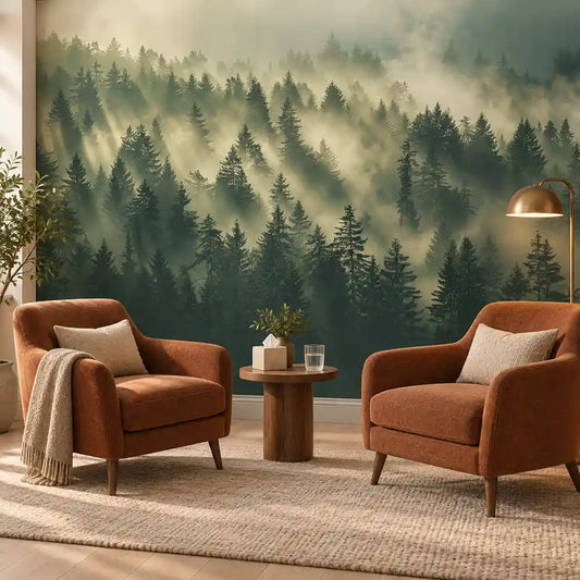Whispering Pines forest wall mural with misty evergreens behind rust leather armchairs