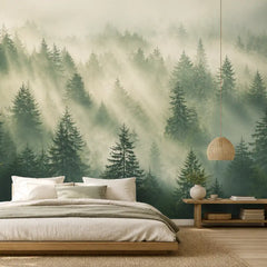 Forest mural close-up with frost-covered pine branches and morning light detail