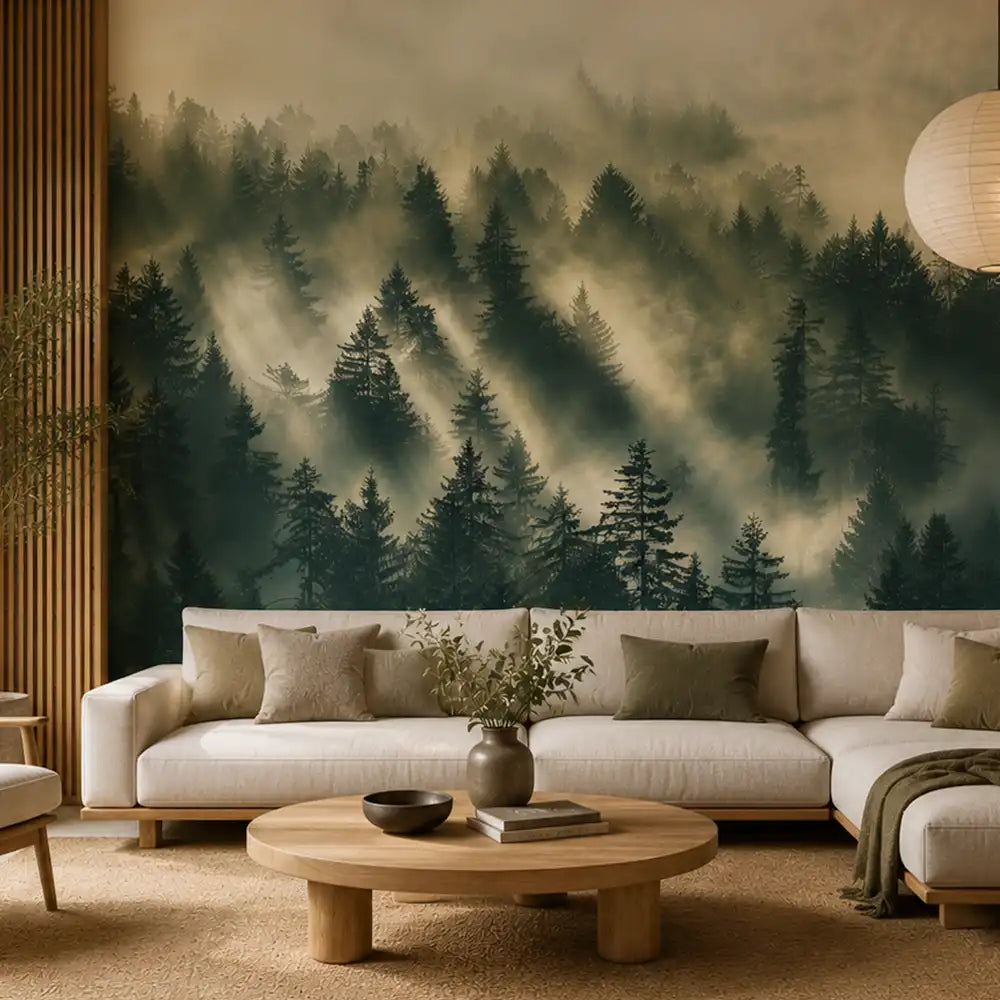 Pine forest wall mural living room installation, tall evergreen panorama view