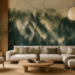 Pine forest wall mural living room installation, tall evergreen panorama view